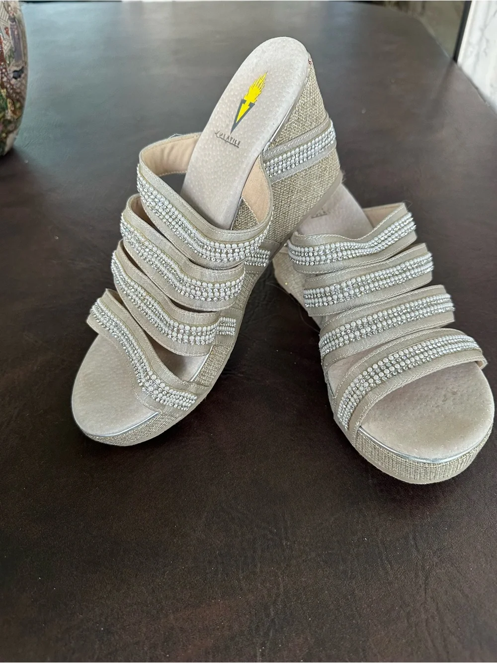 Volatile Taupe Rhinestone Multi-Strap Wedge Sandals